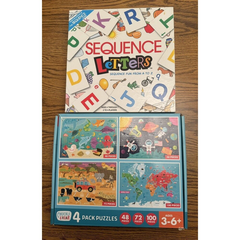 Lot of 2! SEQUENCE Letters game and a‎ Chuckle & Roar 4-Pack of Puzzles